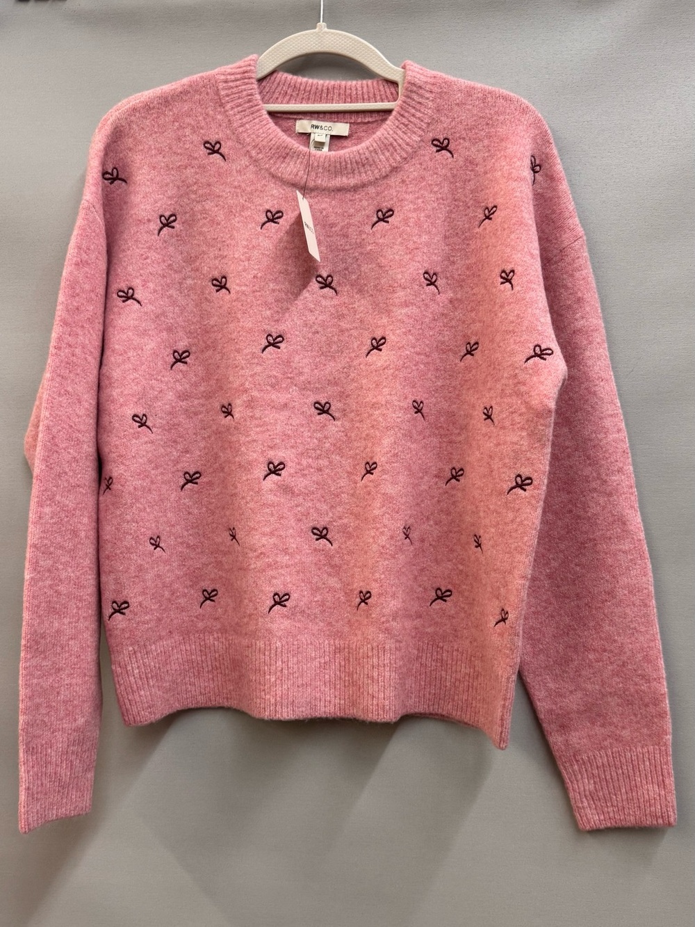 RW&CO. Rails Pink Crewneck Sweater with Black Bow Embroidery